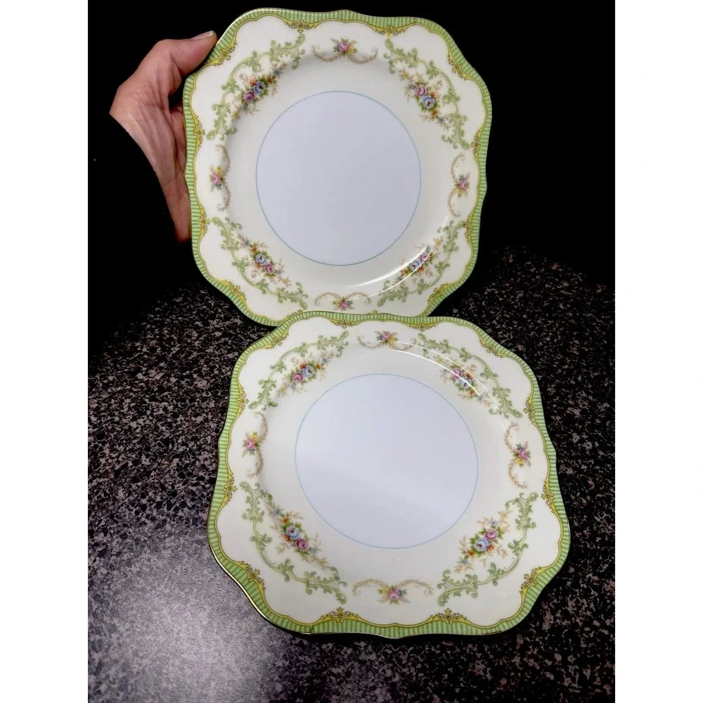 1930s Noritake Marlene Square Salad Plates Scalloped Set of 2 Floral Gold Japan